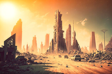 Post apocalyptic city view cityscape. City in ruins. Dystopian future. Generative ai