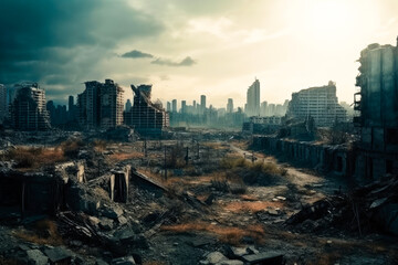 Post apocalyptic city view cityscape. City in ruins. Dystopian future. Generative ai - obrazy, fototapety, plakaty