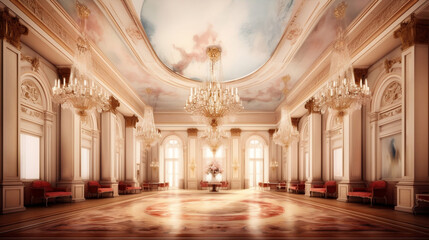 Luxurious classical ballroom as digital interior design illustration. Generative ai - obrazy, fototapety, plakaty