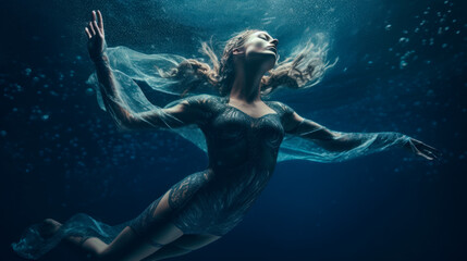 Obraz na płótnie Canvas A Graceful Ballerina Performing Underwater in the Sea, Generative AI