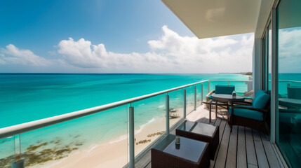 Fototapeta premium Mediterranean Getaway: A Gorgeous Vacation Rental Terrace with Turquoise Sea Views, Generative AI