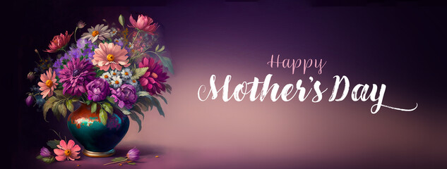 Happy Mother's day background, Mothers day flowers in vase done in AI generated painting, Elegant floral colors of purple pink white and peach in dark green and rusted orange vase.