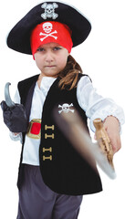 Masked girl wielding sword pretending to be pirate