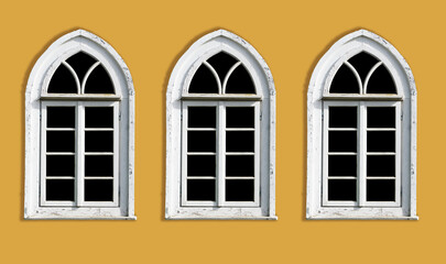 Mosque window. Muslim architecture. Peeling paint religious building. Oriental arch. Yellow mosque....