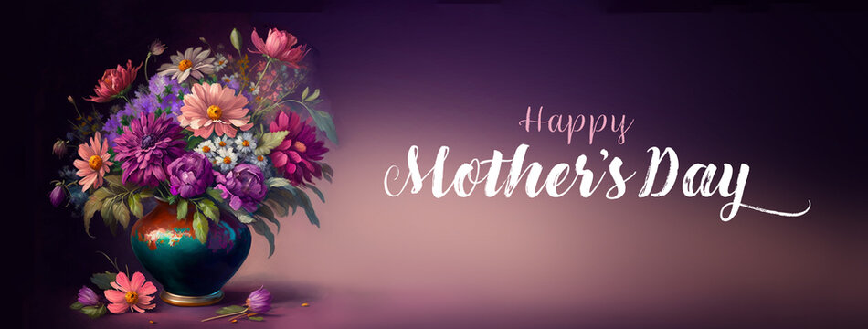 Happy Mother's day background, Mothers day flowers in vase done in AI generated painting, Elegant floral colors of purple pink white and peach in dark green and rusted orange vase.