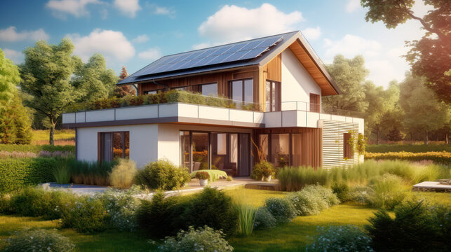 Sustainable Contemporary Living: Beautiful Single-Family House with Solar Panels and 21st Century Architecture, Generative AI