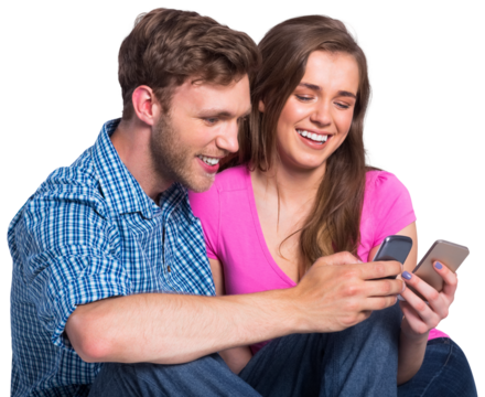 Cheerful couple with mobile phones - Powered by Adobe