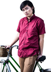Hipster man holding a bike 