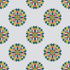 Seamless geometrical pattern with round floral mandalas. On white background.