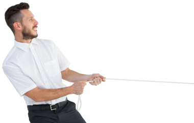 Hipster businessman pulling a rope