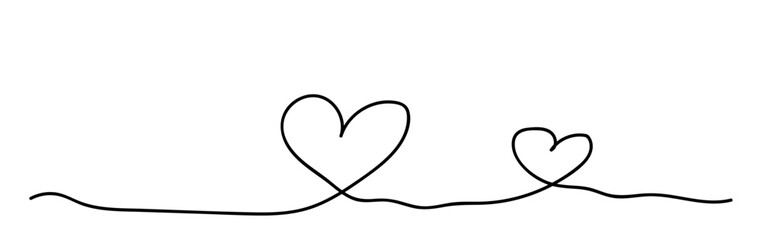 Two continuous line hearts on white background. Hand drawn doodle sketch. Vector illustration from one line. Illustration for postcard, business card, invitation, wedding card, valentine. 
