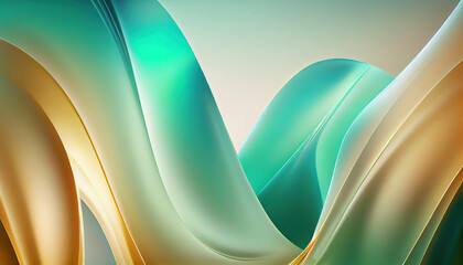 Abstract Shiny neon glass translucent wavy composition with gradient transition, blue white beige green elegant clean background - generative AI.