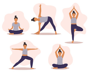 Set of yoga poses. The girl does asanas, gymnastics. Active activity for health, flexibility, balance. Vector graphics.