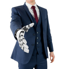 Businessman with robotic hand approaching for handshake