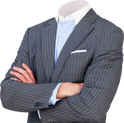Headless businessman in suit standing with arms crossed - obrazy, fototapety, plakaty
