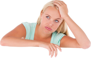 Fototapeta premium Close up of a sad woman standing behind a whiteboard