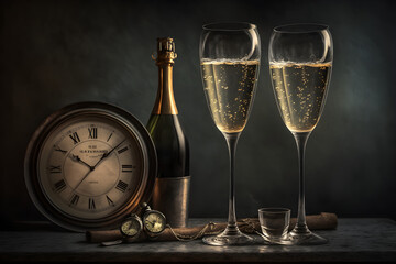  a couple of champagne flutes sitting next to a clock