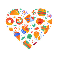 Fast Food Snack and Tasty Meal Heart Shaped Arrangement Vector Template