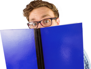 Geeky student reading a book