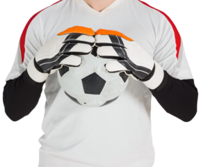 Goalkeeper in white holding ball