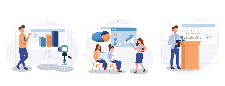 Coach speaking collection of scenes isolated. People learn at business training, career development, set in flat design. Vector illustration for blogging, website, mobile app, promotional materials.