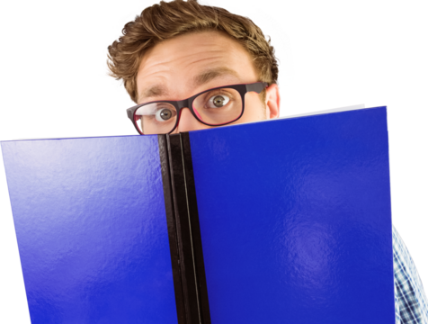 Geeky student reading a book