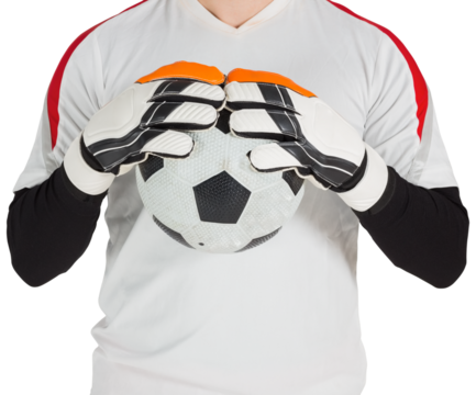 Goalkeeper in white holding ball - Powered by Adobe