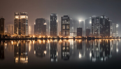 Fototapeta na wymiar Glowing skyscraper reflects modern city life at dusk generated by AI