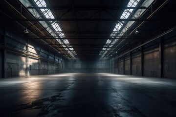 Fototapeta na wymiar Three dimensional render of dark empty warehouse. AI generated
