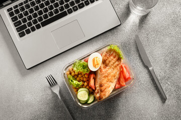 Lunchbox with healthy salad and glass of water in office on gray table. Concept healthy eating on...