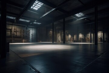 Obraz na płótnie Canvas Three dimensional render of dark empty warehouse. AI generated