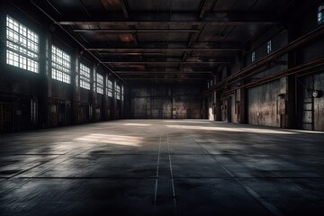Fototapeta na wymiar Three dimensional render of dark empty warehouse. AI generated