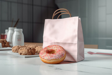 White Paper Bag with Donut Mockup. AI generated