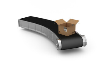 Open cardboard box on 3D conveyor belt