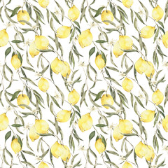 Watercolor Lemons seamless pattern. Digital painted garden print.