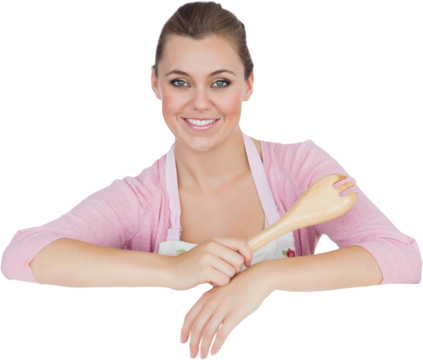 Maid holding spoon as she leans on blank billboard - Powered by Adobe