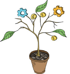 Digital composite image of business icons on potted plant