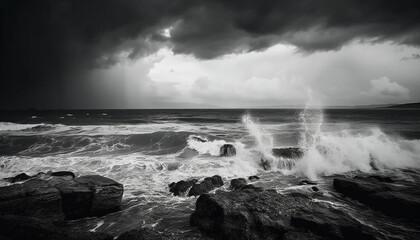 Waves crash on rocky shore under stormy sky generated by AI