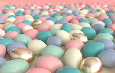 Colorful pastel and gold speckled easter eggs background. 3d render. Happy Easter eggs big hunt or sale banner