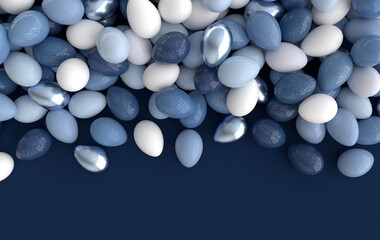 Colorful blue, white and gold speckled easter eggs background. 3d render. Happy Easter eggs big hunt or sale banner