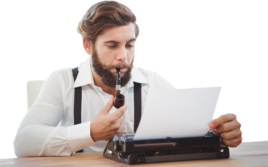 Hipster with smoking pipe working on typewriter