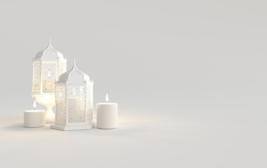 White lantern with candle, lamp with arabic decoration, arabesque design. Concept for islamic celebration day ramadan kareem or eid al fitr adha. 3d rendering illustration