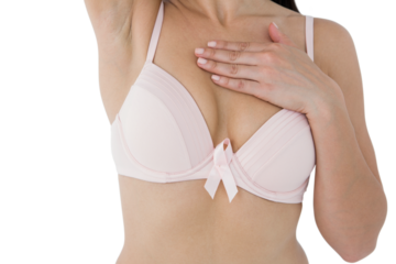 Woman in bra with breast cancer awareness ribbon