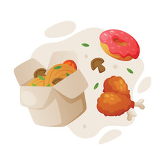 Fast Food Lunch with Cooked Chinese Noodles, Fried Chicken Leg and Donut Vector Composition