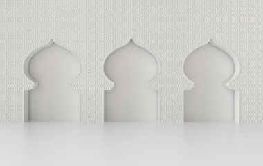 3d render white mosque element in ornate arabic, Islamic architecture style. Ramadan Kareem muslim community festival. Interior mock up