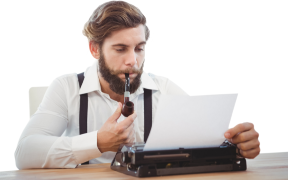 Hipster with smoking pipe working on typewriter