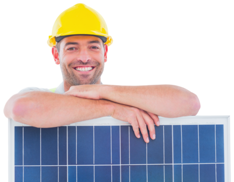Smiling handyman with solar panel on while background