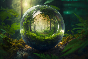 Obraz na płótnie Canvas a glass globe sitting in the middle of a lush green forest HD, realistic