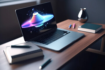 Laptop with flying saucer on screen, high quality generative ai