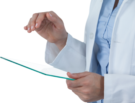 Midsection of female doctor using digital tablet